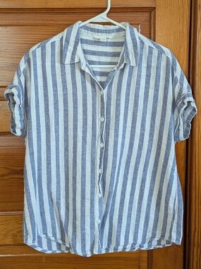 Blue and White Striped Button Down linen Shirt